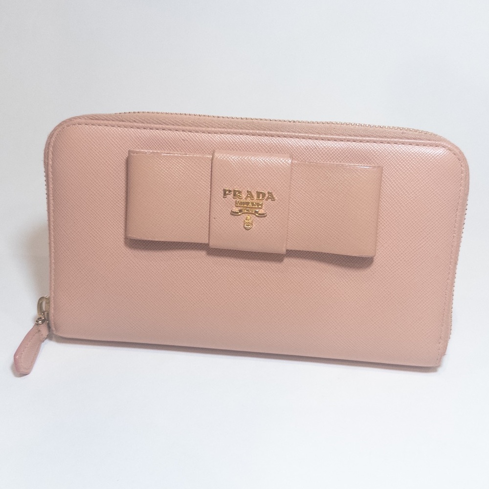 Prada Light Pink Bow Saffiano Leather Zippy Wallet
